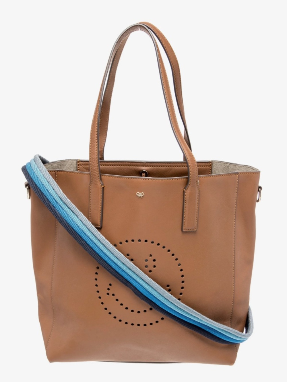 VGC Anya Hindmarch Camel Teather Ebury Smiley Tote w/ Blue Strap!